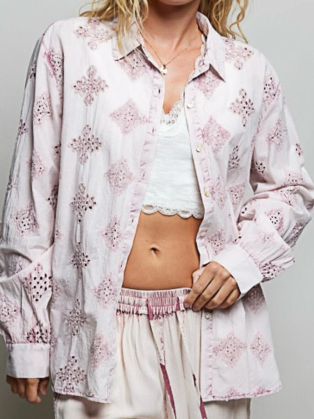 POL Rose Pink Eyelet Cutwork Button Front Cotton Shirt L NWT - Romantic Cottage